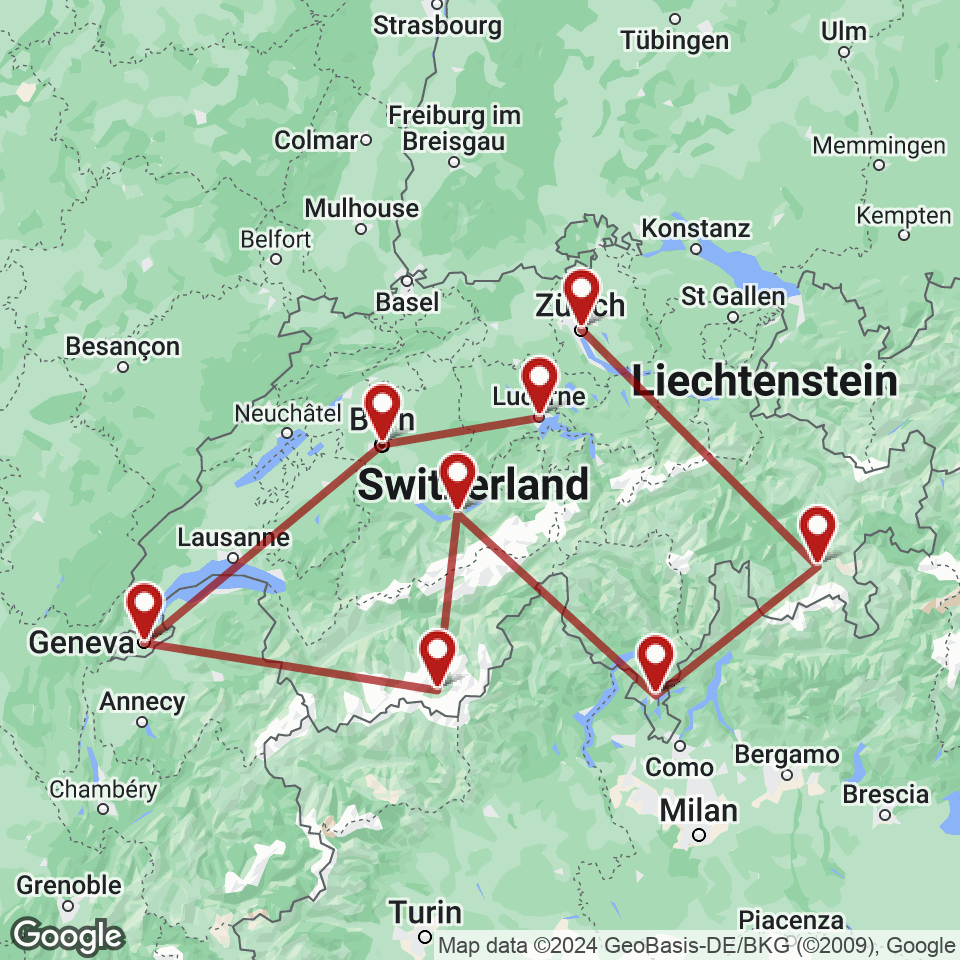 Route for Lucerne, Bern, Geneva, Zermatt, Interlaken, Lugano, St. Moritz, Zurich tour